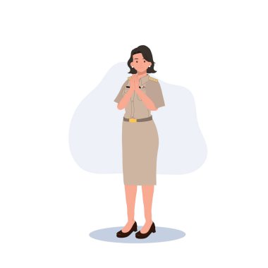 female Thai government officers in uniform. Woman Thai teacher, welcome greeting 'sawasdee'. Vector illustration