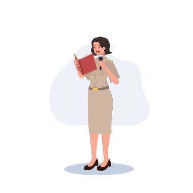 female Thai government officers in uniform. Woman Thai teacher, explaining knowledge from book. Vector illustration
