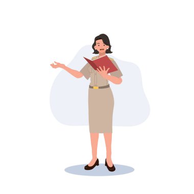 female Thai government officers in uniform. Woman Thai teacher, explaining knowledge from book. Vector illustration