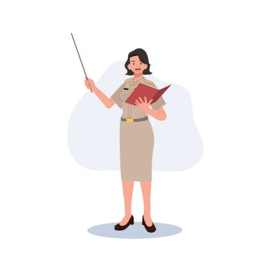 female Thai government officers in uniform. Woman Thai teacher holding pointer stick , explaining knowledge from book. Vector illustration