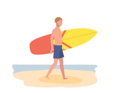 summer beach vacation theme. A man wearing in swim suit holding surfboard on the beach. Flat Vector illustration