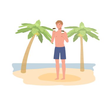 summer holiday beach theme. A happy man holidng ice cream in both hands, enjoy vacation. Flat vector illustration