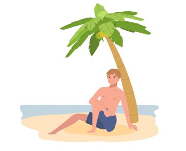 summer beach vacation theme. A happy smiling man in swim suit sitting on the beach. Flat Vector illustration