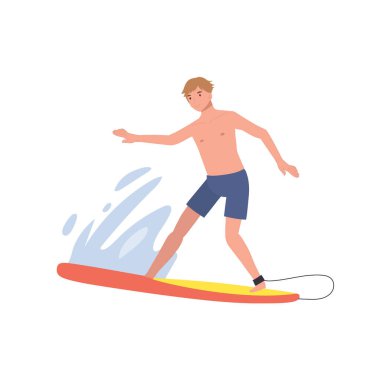 Summer surface water sport. man on the surf board. Surfing. Surfboard and water drops. Surfers man riding on the waves. Flat vector illustration