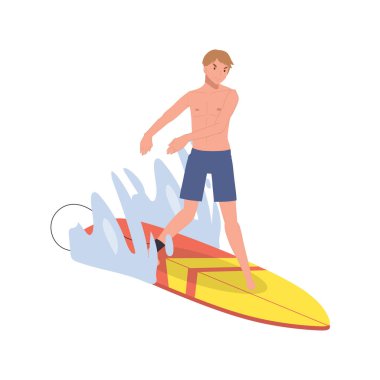 Summer surface water sport. man on the surf board. Surfing. Surfboard and water drops. Surfers man riding on the waves. Flat vector illustration