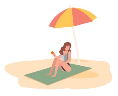 young woman on the beach sit on mat and using sunscreen. Flat vector illustration