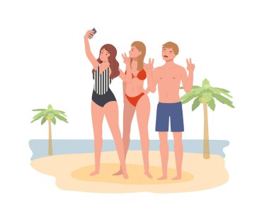 Beach selfie, cartoon happy man and woman character in swim suit using phone for selfie with friend. best friends have fun. Flat vector illustration
