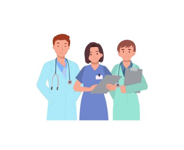 Healthcare medicine and doctors concept. Group of hospital medical staff standing together. Male and female medicine workers. Flat vector illustration