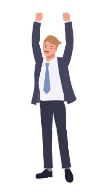 Mutlu iş adamı sevinçle ellerini kaldırıyor. Zafer. Düz vektör karikatür çizimi 