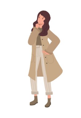 Düşünen, meraklı, merak eden, karar veren bir kadın. Düz vektör karikatür çizimi