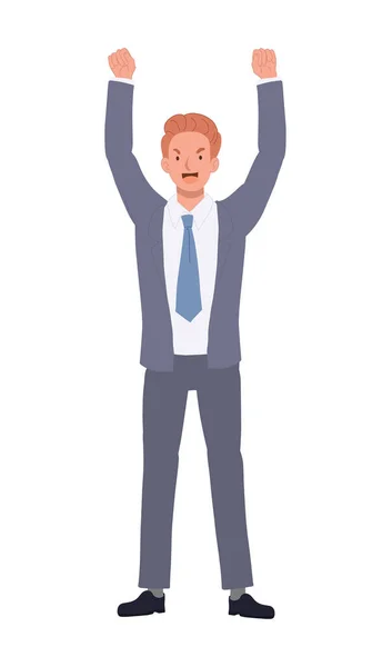 Homem Negócios Feliz Levanta Mãos Com Alegria Vitória Ilustração Desenho — Vetor de Stock