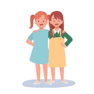 İki küçük kız en iyi arkadaşlar, en iyi arkadaşlar birbirlerine sarılıyorlar. Mutlu gülümseyen çocuklar. Düz vektör karikatür çizimi