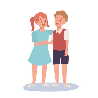 Çocuklar el sıkışma konsepti. Sevimli mutlu çocuk arkadaşıyla tokalaşıyor. Düz vektör karikatür çizimi