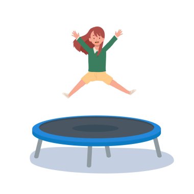 Trambolinde zıplayan tatlı çocuk gülümsüyor. Düz vektör karikatür çizimi