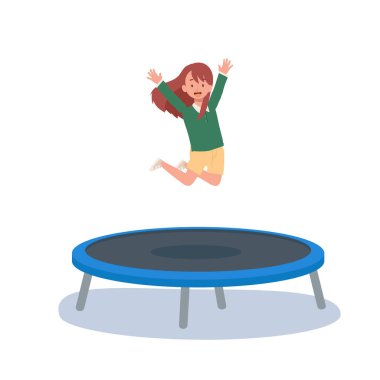 Trambolinde zıplayan tatlı çocuk gülümsüyor. Düz vektör karikatür çizimi