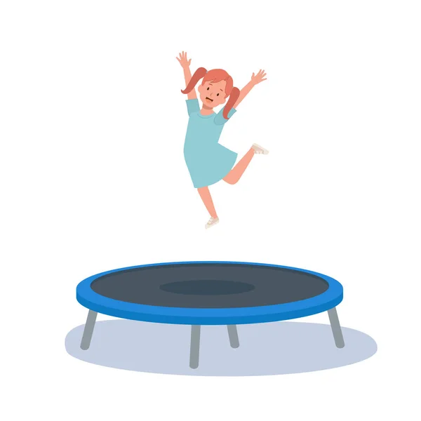 Stock vector happy cute kid smile jump on trampoline. Flat vector cartoon illustration