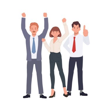 İş dünyası takım çalışması konsepti. Üç kişilik başarılı bir ekip. Çeşitli insanlar. İş ekibi düz vektör karikatür çizimi