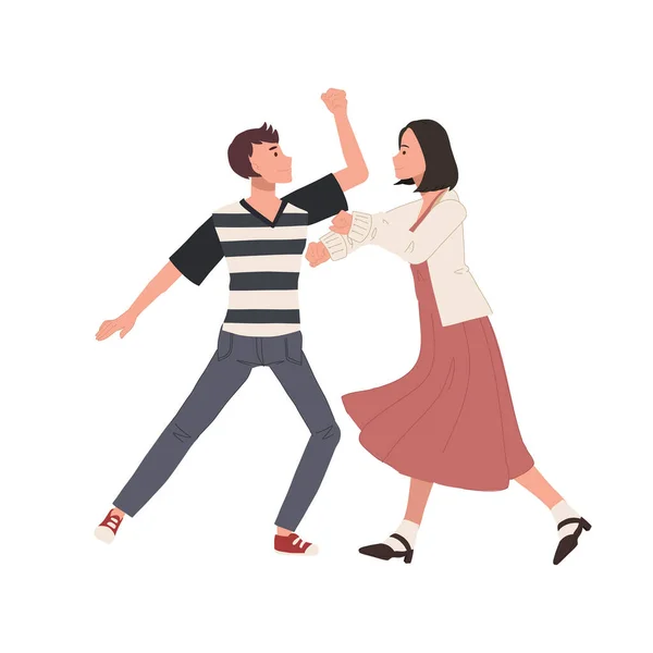 Glada Dansande Människor Manliga Och Kvinnliga Dansande Tillsammans Man Och — Stock vektor