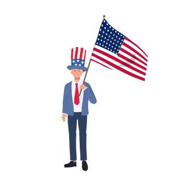 Bağımsızlık Günü konsepti. Amerikan bayrağı ve şapkası olan takım elbiseli bir adam 4 Temmuz 'u kutluyor. Düz vektör karikatür çizimi