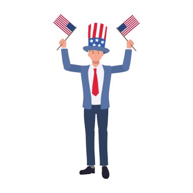 Bağımsızlık Günü konsepti. Amerikan bayrağı ve şapkası olan takım elbiseli bir adam 4 Temmuz 'u kutluyor. Düz vektör karikatür çizimi