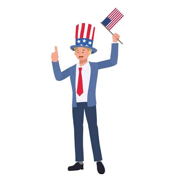 独立記念日の概念 アメリカ国旗と帽子に合う男が7月4日を祝っている フラットベクトル漫画イラスト — ストックベクタ
