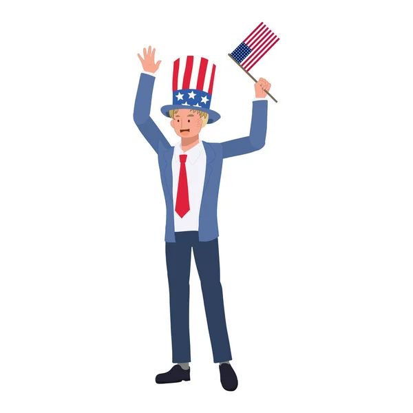 stock vector Independence day concept. A man in suit with american flag and hat is celebrating Fourth of July. Flat vector cartoon illustration