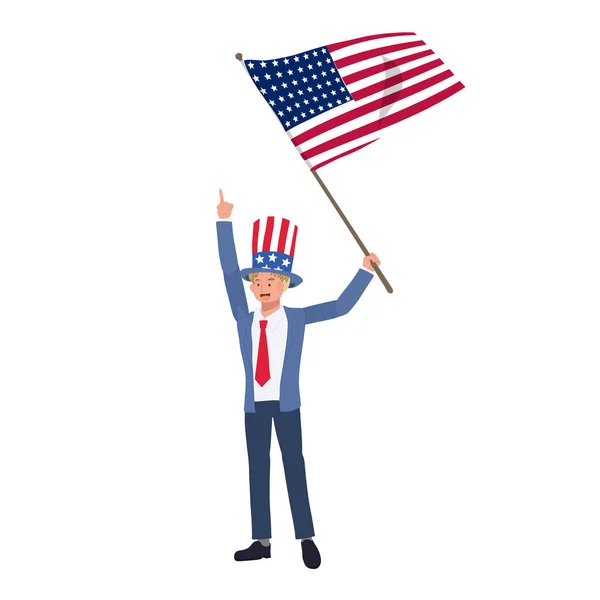 Koncept Dne Nezávislosti Muž Obleku Americkou Vlajkou Kloboukem Slaví Července — Stockový vektor