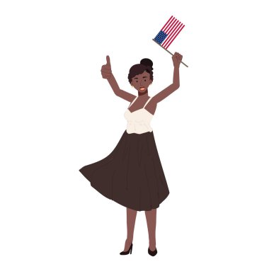 ABD 4 Temmuz Bağımsızlık Günü 'nde. Kutlamak için Amerikan bayrağı tutan Afrikalı Amerikalı kadın. Düz vektör karikatür çizimi