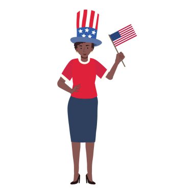 ABD 4 Temmuz Bağımsızlık Günü 'nde. Kutlamak için Amerikan bayrağı tutan Afrikalı Amerikalı kadın. Düz vektör karikatür çizimi