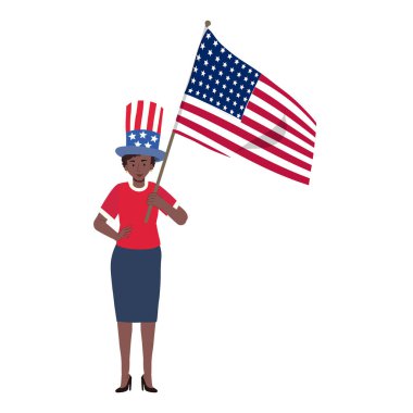 ABD 4 Temmuz Bağımsızlık Günü 'nde. Kutlamak için Amerikan bayrağı tutan Afrikalı Amerikalı kadın. Düz vektör karikatür çizimi