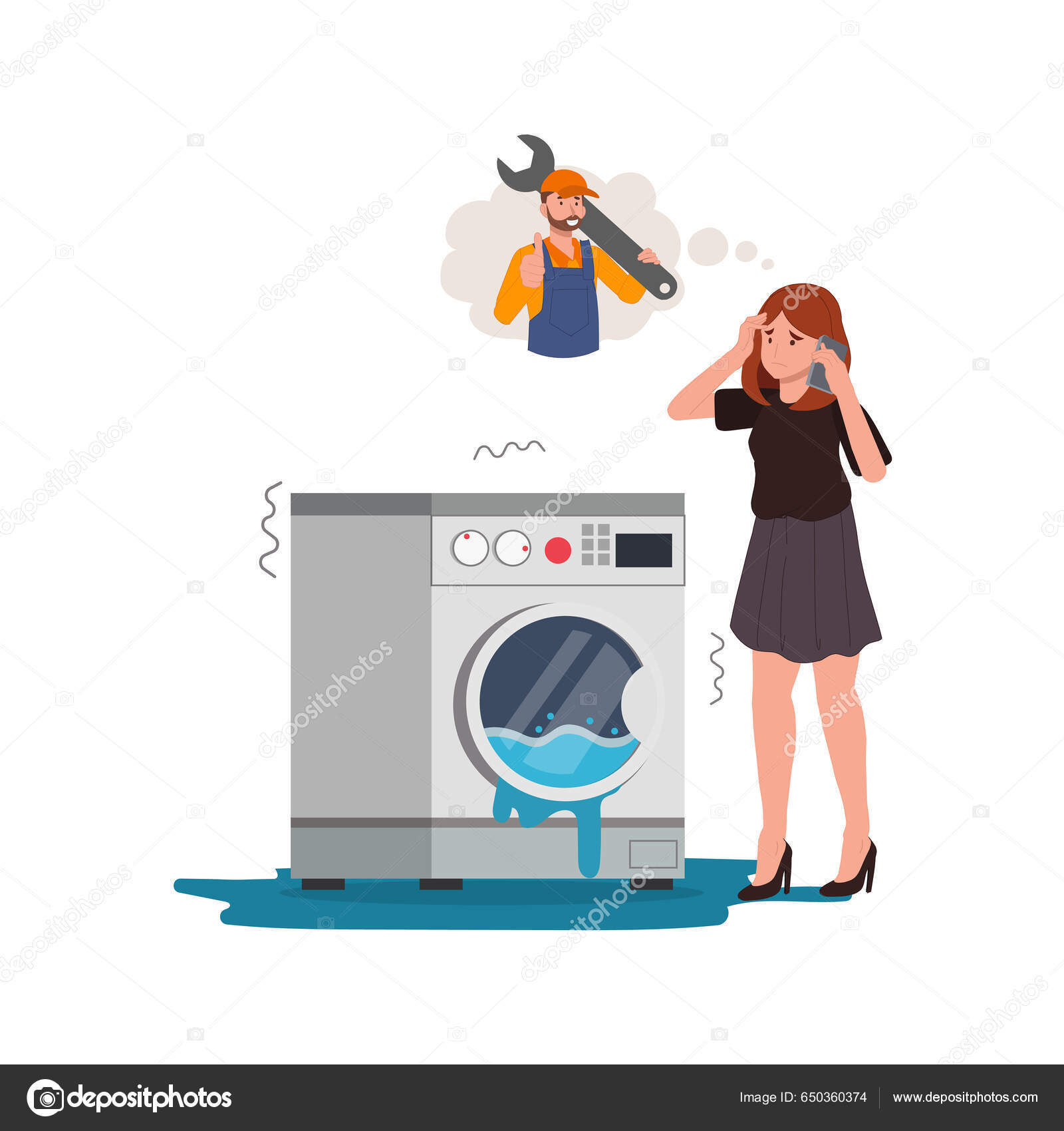 Woman Washer Leakage Laundry Equipment Plumbing Problem Washing Machine