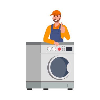 Çamaşır makinesi tamir servisi konsepti. Çamaşır makinelerinin onarım ve garantisi. Düz vektör katoon illüstrasyonu.
