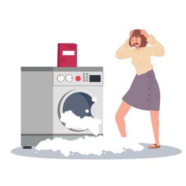 Bozuk çamaşır makinesi. Köpük ve köpük çamaşır makinesinden bozulduğu için ya da yanlış sabun kullandıkları için çıkar..