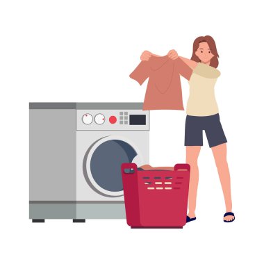 Çamaşır konsepti. Bir kadın çamaşır yıkıyor, modern çamaşır makinesiyle çamaşır yıkıyor. Düz vektör karikatür çizimi.