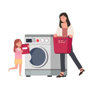 Çamaşır konsepti. Genç kız, kız annesinin çamaşır yıkamasına yardım ediyor. Modern çamaşır makinesiyle çamaşır yıkıyor. Düz vektör karikatür çizimi.