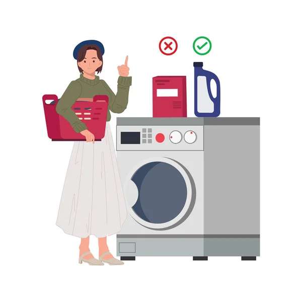 stock vector A woman is giving information about washing liquid and washing powder which is suit for washing machine. wasing soap for front loading washing machine