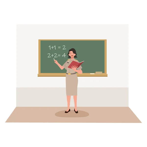 Asian Thai Woman Teacher Brown Government Officer Uniform Teaching Classroom — Stock Vector