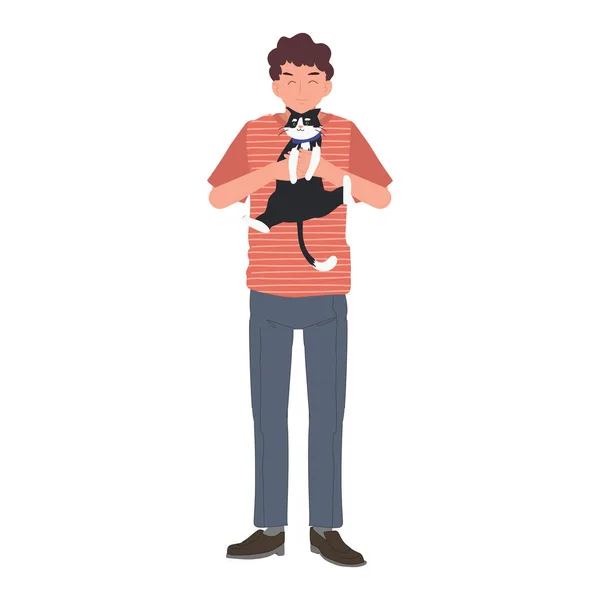 Kedi severler konsepti. Kucağına alan, sarılan, kedisini sevgiyle öpen bir adam. Düz vektör karikatür çizimi