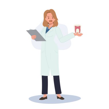 Diş sağlığı konsepti. Dişçi dişçi, diş tedavisinin sonucunu sunuyor ya da gösteriyor. Düz çizgi film Vektör illüstrasyonu