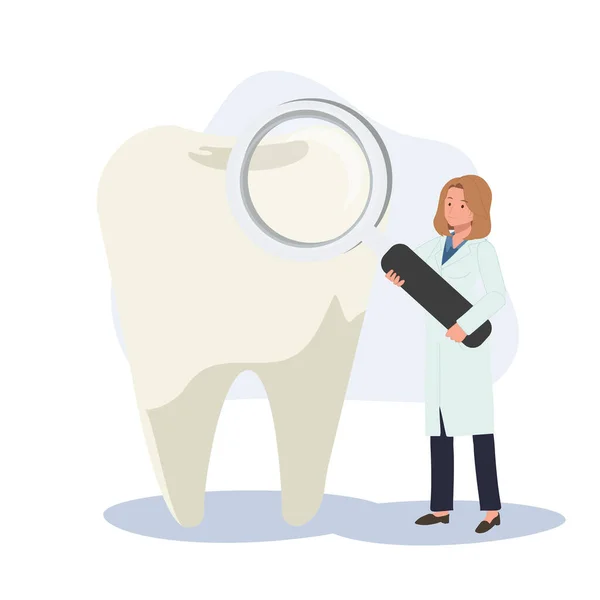 Зубная Медицина Проверка Зубов Женщина Дантист Большим Magify Зубы Плоский — стоковый вектор