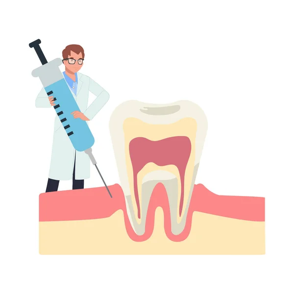 Diş Sağlığı Konsepti Erkek Dişçi Diş Enjeksiyonuyla Dişini Uyuşturmuş Düz — Stok Vektör