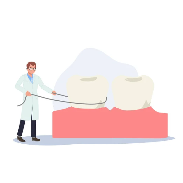 Концепція Стоматологічної Медицини Чоловік Стоматолог Показує Користуватися Зубною Ниткою Плоский — стоковий вектор