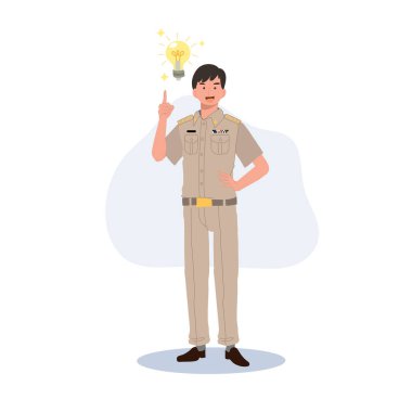 Tayland devlet memurları üniformalı. Taylandlı öğretmen, yeni bir fikrim var, ampul. Düz Vektör çizgi film illüstrasyonu