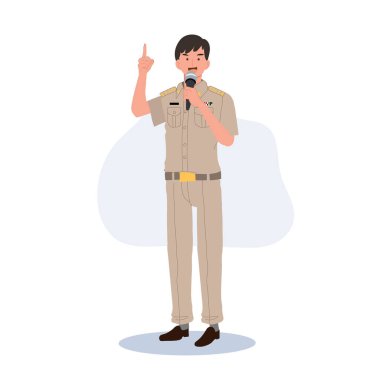 Tayland devlet memurları üniformalı. Taylandlı öğretmen, bilgiyi açıklıyor. Çizgi film karakteri, Düz Vektör illüstrasyonu