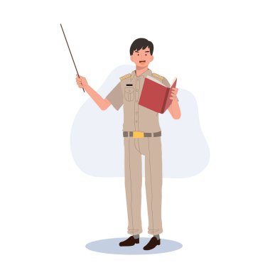 Tayland devlet memurları üniformalı. Taylandlı öğretmenin elinde işaret çubuğu var, bilgiyi kitaptan açıklıyor. çizgi film karakteri, Düz Vektör illüstrasyonu