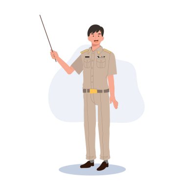 Tayland devlet memurları üniformalı. Taylandlı öğretmen elinde işaret çubuğu tutarak bilgiyi açıklıyor. çizgi film karakteri, Düz Vektör illüstrasyonu