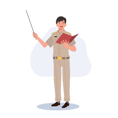 Tayland devlet memurları üniformalı. Taylandlı öğretmenin elinde işaret çubuğu var, bilgiyi kitaptan açıklıyor. çizgi film karakteri, Düz Vektör illüstrasyonu