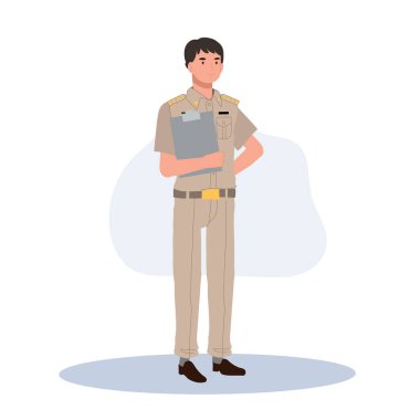 Tayland devlet memurları üniformalı. Taylandlı öğretmen elinde not panosu tutuyor. Düz Vektör illüstrasyonu