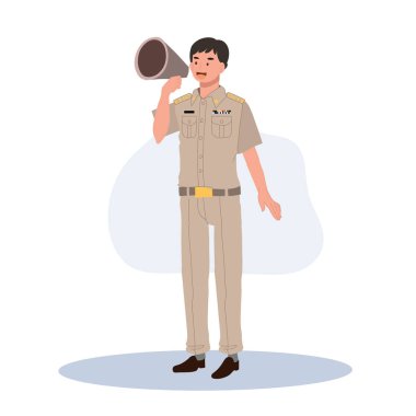 Tayland devlet memurları üniformalı. Taylandlı öğretmen megafon kullanıyor. Düz Vektör illüstrasyonu