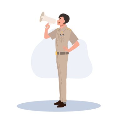 Tayland devlet memurları üniformalı. Taylandlı öğretmen megafon kullanıyor. Düz Vektör illüstrasyonu